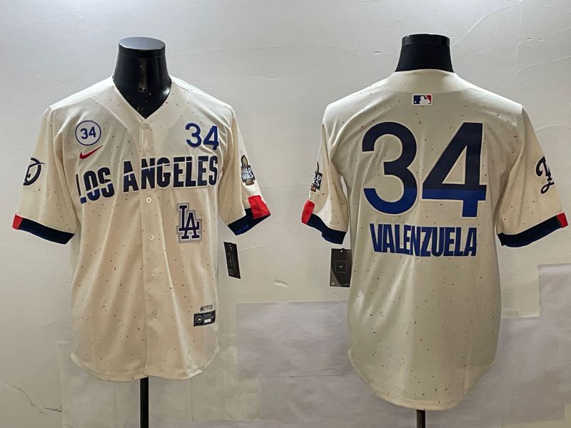 Men Los Angeles Dodgers 34 Valenzuela Cream Fashion city 2025 Nike MLB Jersey style 2